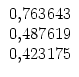 $\displaystyle \begin{array}{r} 0,763643\\  0,487619\\  0,423175 \end{array}$