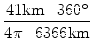 $\displaystyle {\frac{{41 \text{km}\cdot 360^\circ}}{{4\pi \cdot 6366 \text{km}}}}$